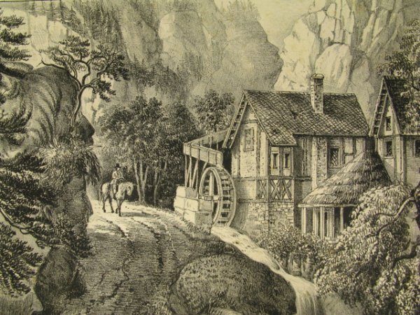 CURRIER & IVES PUZZLE PICTURE OLD SWISS MILL LITHOGRAPH: 1872 litho of "Puzzle Picture. Old Swiss Mill," 8.5 x 12.5 inch image field, 12 x 16 inch sheet size.