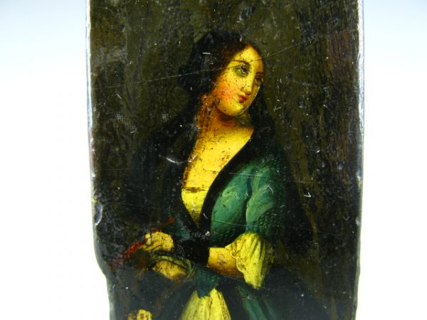 CIRCA 1800 PAPIER MACHE SNUFF BOX: Measures approximately 2.75 x 1.5 x .75 inches. Handpainted figure of a woman to top of lid, hinged.