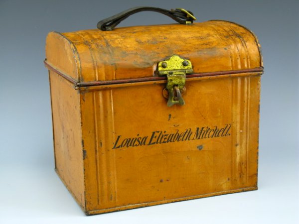 ANTIQUE TOLE PAINTED HAT BOX WITH INSCRIPTION: Measures 11 x 10.5 x 12.25 inches, nice faux-grain finish, black lettering beneath front latch LOUISA ELIZABETH MITCHELL, dark green painted interior and inside lid, leather handle to top.