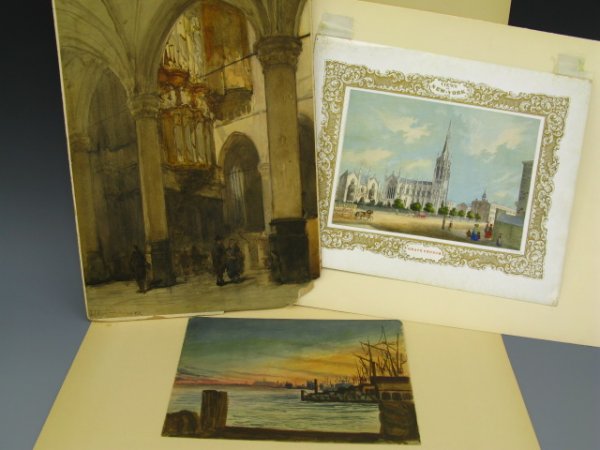 TWO 19TH CENTURY WATERCOLORS + LITHOGRAPH: Includes a laid down 16.5 x 11 inch watercolor of a church interior with figures in the foreground, S.G. McCutcheon's "Philadelphia Navy Yard, 1875" watercolor, 7 x 10 inches, not laid down, archival 