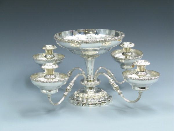 UNUSUAL SILVER PLATED CANDELABRA EPERGNE: Barker Ellis silver plated copper centerpiece measures about 9.75 inches tall, approximately 21.5 inches in diameter, very attractive four-arm design with interchangeable candle holder nozzles and epe