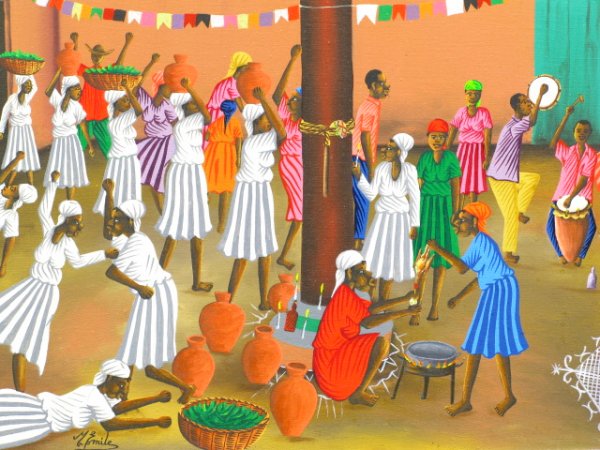 HAITIAN OIL ON CANVAS SIGNED M. EMILE: Measures16.25 x 24 inches, 21.75 x 28.75 inch frame, ceremonial scene in vibrant color.