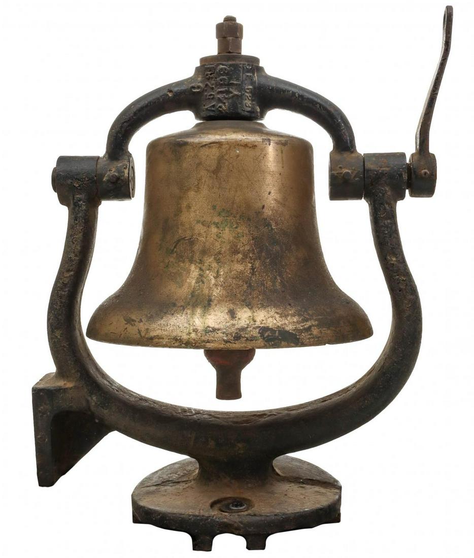 AT&SF BELL FROM 1929 LITTLE RASCALS MOVIE 'RAILROADIN': The brass bell in iron yoke having the number 1373 stamped on one upright and also chiseled across the yoke by hand; red interior, various other stamped and cast numbers. The factory markings stamped 