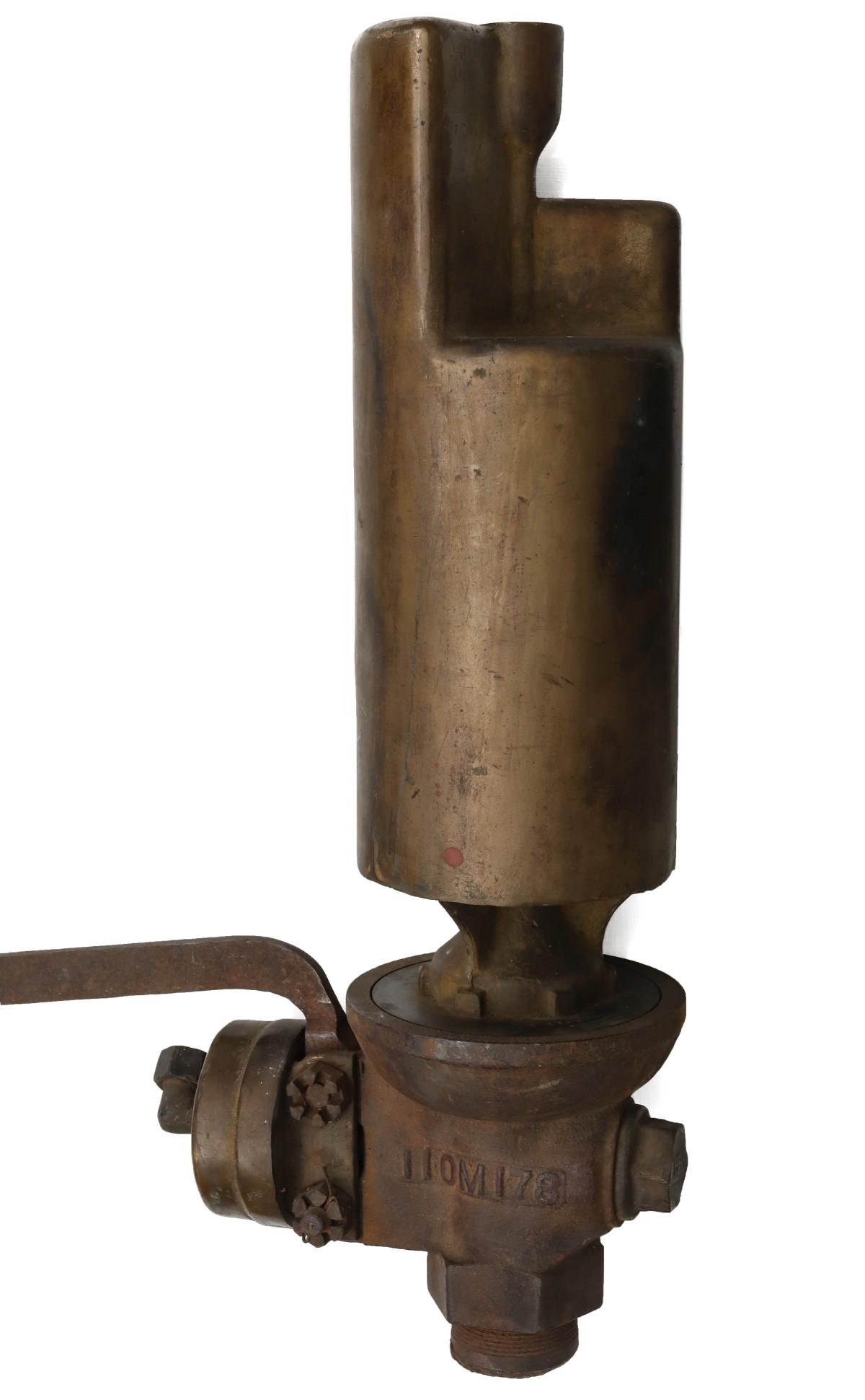 A 6.5 INCH THREE CHIME STEP-TOP WHISTLE ATTR FRISCO: The brass bell on iron valve and with cast iron lever, the design widely accepted as being from Frisco locomotives. Diameter measure 6.5 valve plate to top measures 18 overall is 26 inches. We happily