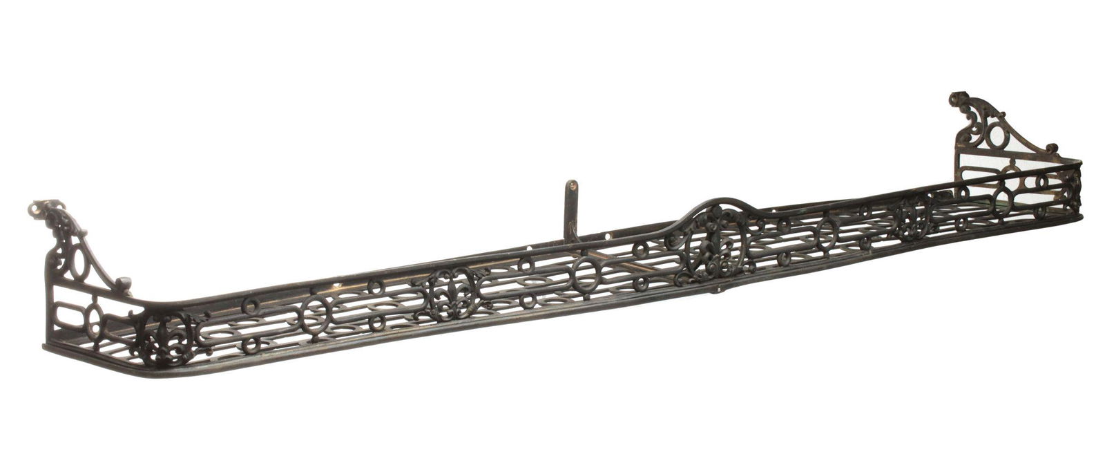 A 48-IN RAILROAD BASKET SHELF WITH FLEUR DE LIS PATTERN: The one piece ornately cast brass basket rack with fleur des lis at the corners. Measures 48 x 9 inches. We happily provide seamless in-house packing and shipping services on nearly everything we sell