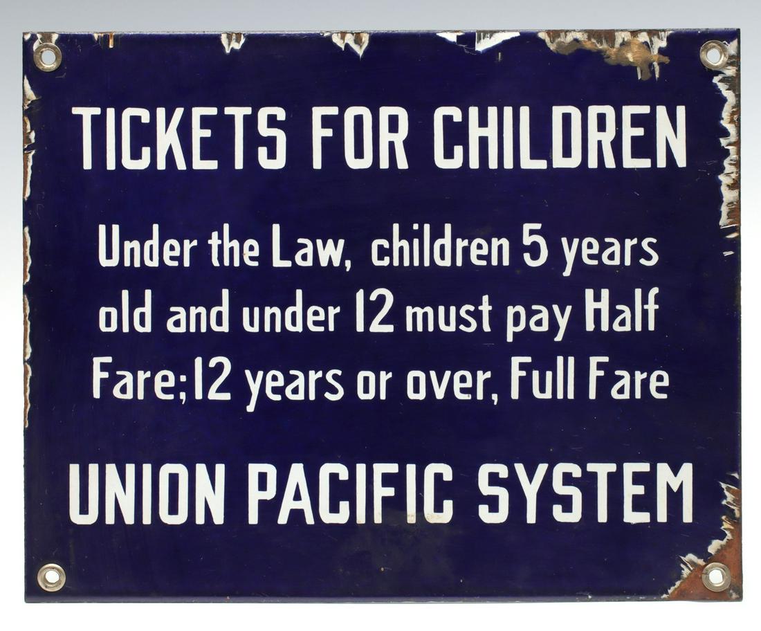 AN EARLY 20TH CENTURY UNION PACIFIC RR PORCELAIN SIGN: The blue over white porcelain enamel sign outlining Union Pacific Railroad policy regarding TICKETS FOR CHILDREN. Measures 8 x 10 inches. We happily provide seamless in-house packing and shipping serv