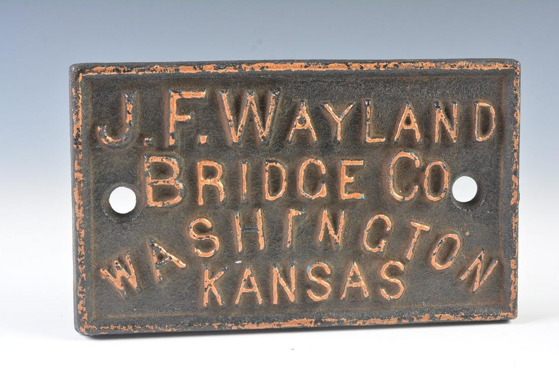 J.F WAYLAND WASHINGTON KANSAS BRIDGE CO BUILDER'S PLATE: The thick cast iron plaque with letters in high relief as shown. Measures 5.5 x 9.25 x 0.75 inches. We happily provide seamless in-house packing and shipping services on nearly everything we sell.