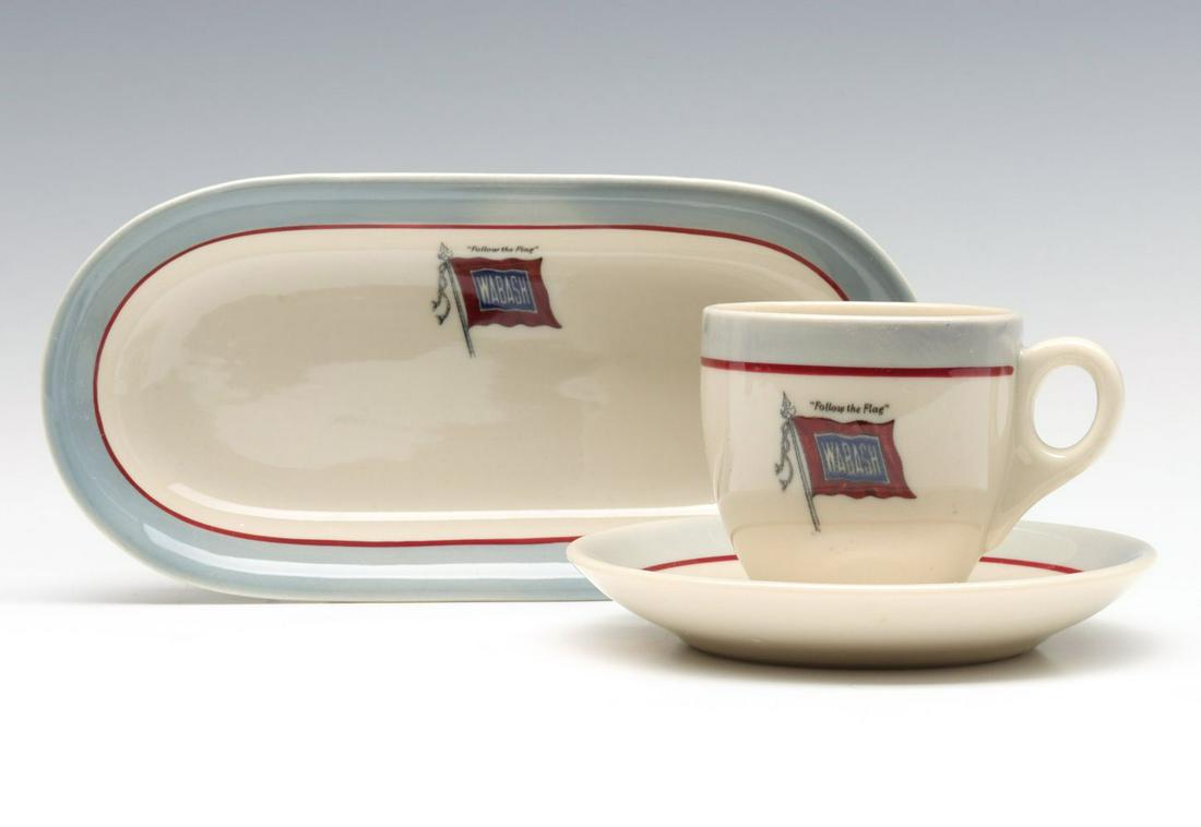 WABASH RR 'BANNER' CHINA DEMITASSE AND RELISH DISH: Three pieces of Wabash Railroad Banner pattern china including a 7.5-inch relish along with demitasse and saucer. Tray measures 7.5 x 3.5 inches. We happily provide seamless in-house packing and shipp