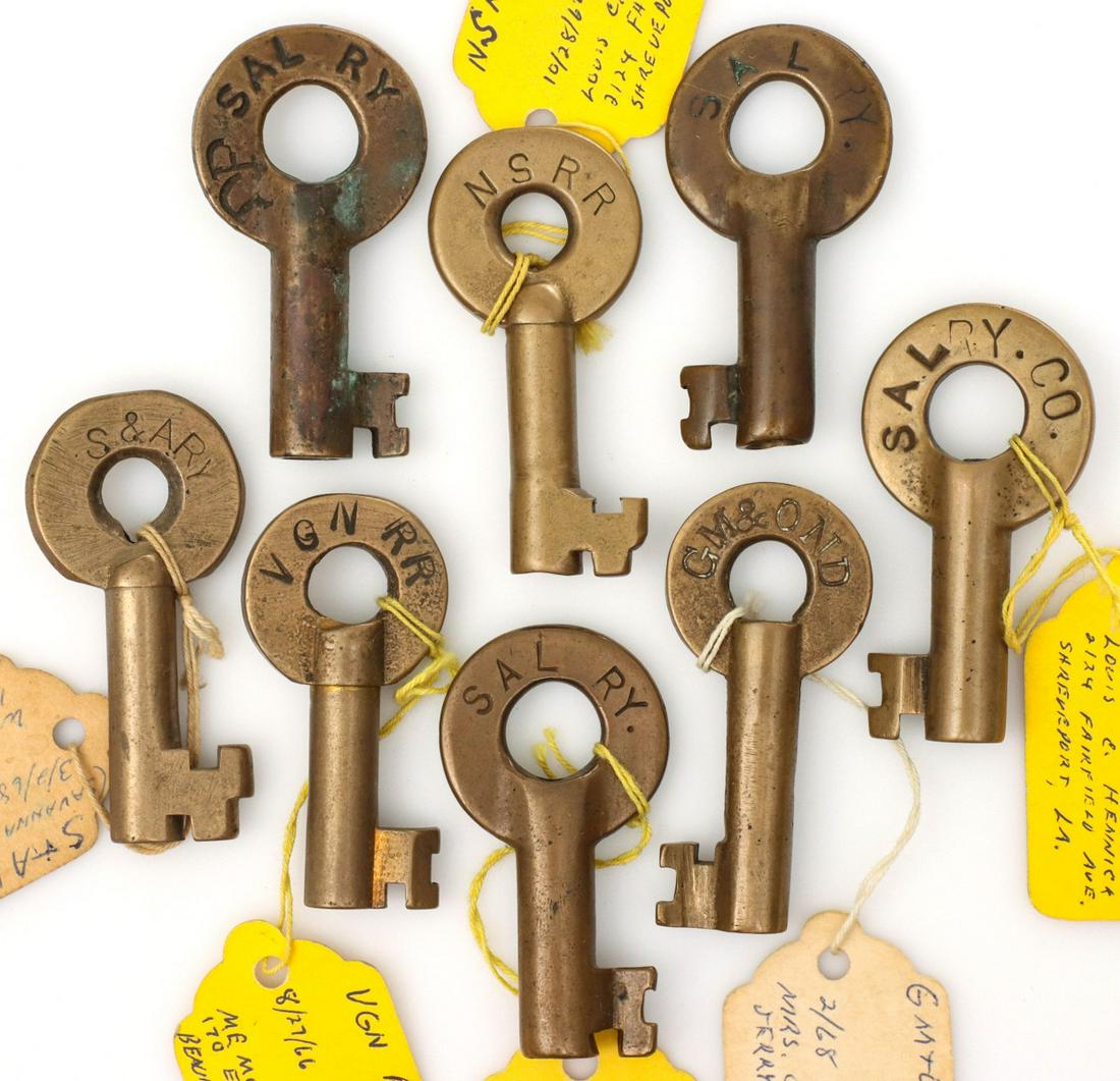 A COLLECTION OF SWITCH KEYS FOR SOUTHERN U.S. RAILROADS: Eight switch keys with stamped markings: SAL RY (x4) for the Seaboard Air Line Railroad; NSRR for the Norfolk Southern Railway; S&ARY for the Savannah and Atlanta Railway; VGN RR for the Virginian Rai