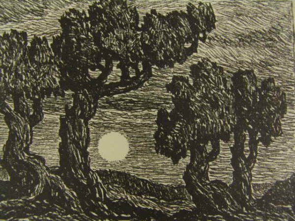 PENCIL SIGNED LITHOGRAPH BY BIRGER SANDZEN (1871-1954): Lithograph titled 'Moonrise in the Foothills'. Pencil signed by Sandzen lower left, titled lower right. Image size 7 x 9 7/8 inches. Unframed, no mat.
