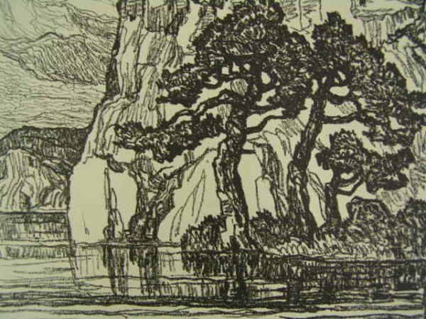 PENCIL SIGNED LITHOGRAPH BY BIRGER SANDZEN (1871-1954): Lithograph titled 'Rocky Shore.' Pencil signed by Sandzen lower left, titled lower right. Image size 14 7/8 x 11 7/8 inches.