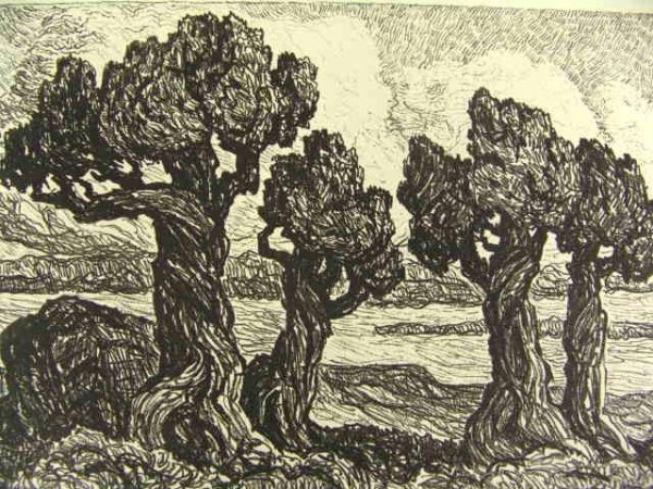 PENCIL SIGNED LITHO BY BIRGER SANDZEN (1871-1954): Lithograph titled 'Cedars in the Foothills.' Pencil signed by Sandzen lower left, titled lower right. Image size 11 7/8 x 18 inches. Unmatted, unframed.