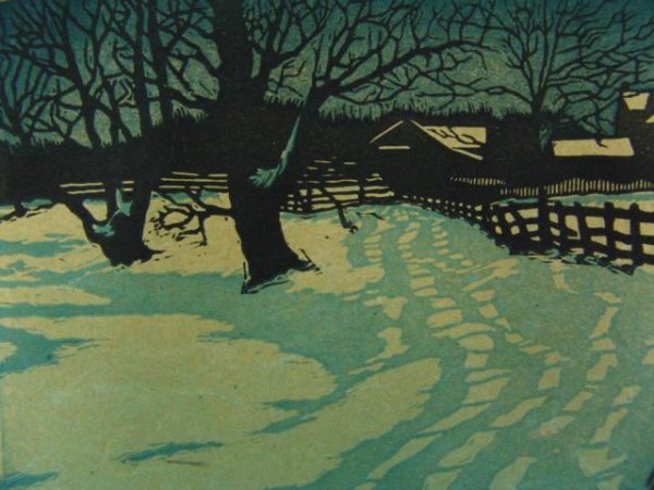 RARE WOODBLOCK PRINT BY B.W. COURTNEY, OKLAHOMA: A rare color woodblock print titled 'Winter' by Barbara Wood Courtney, 20th century, pencil signed lower right corner, titled lower left, measures 6 x 7.5 inch image field, 9 x 10 inch sheet size.