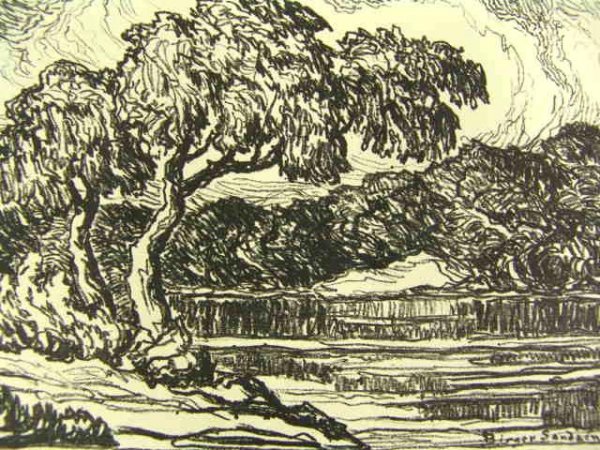 PENCIL SIGNED LITHOGRAPH BY BIRGER SANDZEN 1871 - 1954: Lithograph titled 'Willows by the Smoky River.' Pencil signed by Sandzen lower left, titled lower right. Image size 7 x 10 inches. Unmatted, unframed.
