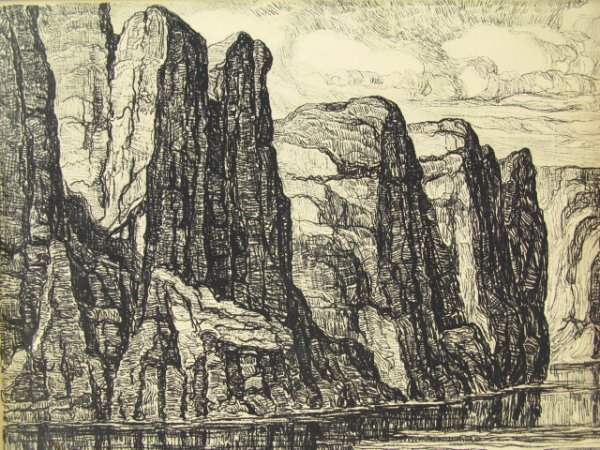 PENCIL SIGNED LITHO BY BIRGER SANDZEN (1871-1954): A 1927 lithograph titled 'The Red Canyon,' and alternately 'In the Canyon,' or "Red Rock Canyon.' Pencil signed by Sandzen lower left, titled lower right. Image size 17 x 22 1/4 inches. Unframed.