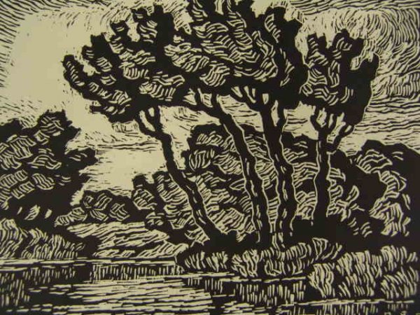 PENCIL SIGNED LINOCUT BY BIRGER SANDZEN (1871-1954): Linoleum cut titled 'Brook With Poplars,' and alternately 'Pond With Cottonwood Trees.' Pencil signed by Sandzen lower right, titled lower left. Image size 7 x 8 7/8 inches. Unmatted, unframed.