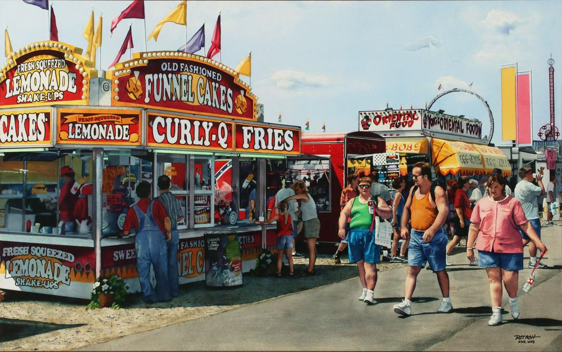 MARLIN ROTACH (20th/21st C.) EXHIBITED WATERCOLOR: Marlin Rotach (20th/21st C.) Cakewalk Circa 2000 The original watercolor on paper by nationally recognized realist Marlin Rotach depicting a view of the stands and patrons seen along Woods Avenue, jus
