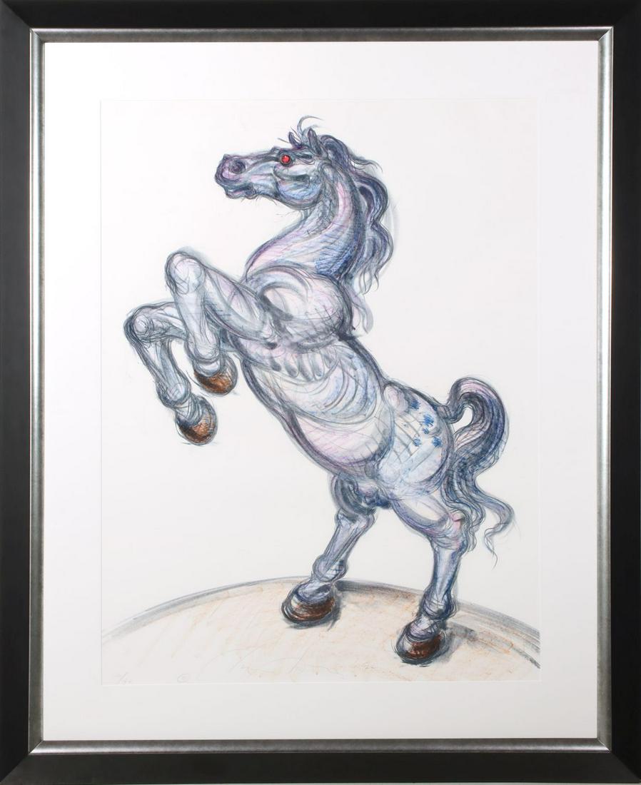 LUIS JIMINEZ COLOR LITHO DENVER AIRPORT MUSTANG STUDY: Luis Jimenez (1940 - 2006) Mustang 1994 The lithographic study for a statue that greets travelers at the Denver airport is signed in pencil by the artist along the lower edge and numbered 12 from an e