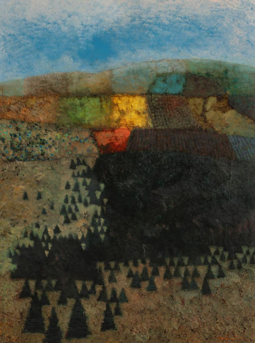 MARK ENGLISH (B. 1933) OIL ON ARTIST'S BOARD: Mark English (Born 1933) Tree Patterns Late 20th Century. The abstract-leaning landscape employing unique coloration, textures and planes to deftly create a sense of abstracted topography, signed lowe