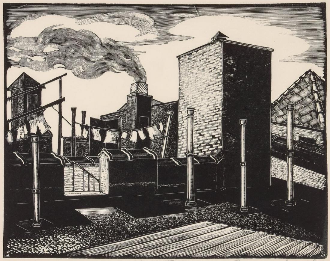 IRVING SAMUELS (1896-1981) PENCIL SIGNED WOOD ENGRAVING: Irving Samuels (1896-1981) City Forest Circa 1937 The wood engraved block print published by the Federal Art Project, WPA, New York is signed by the artist in pencil below the image lower right and ti