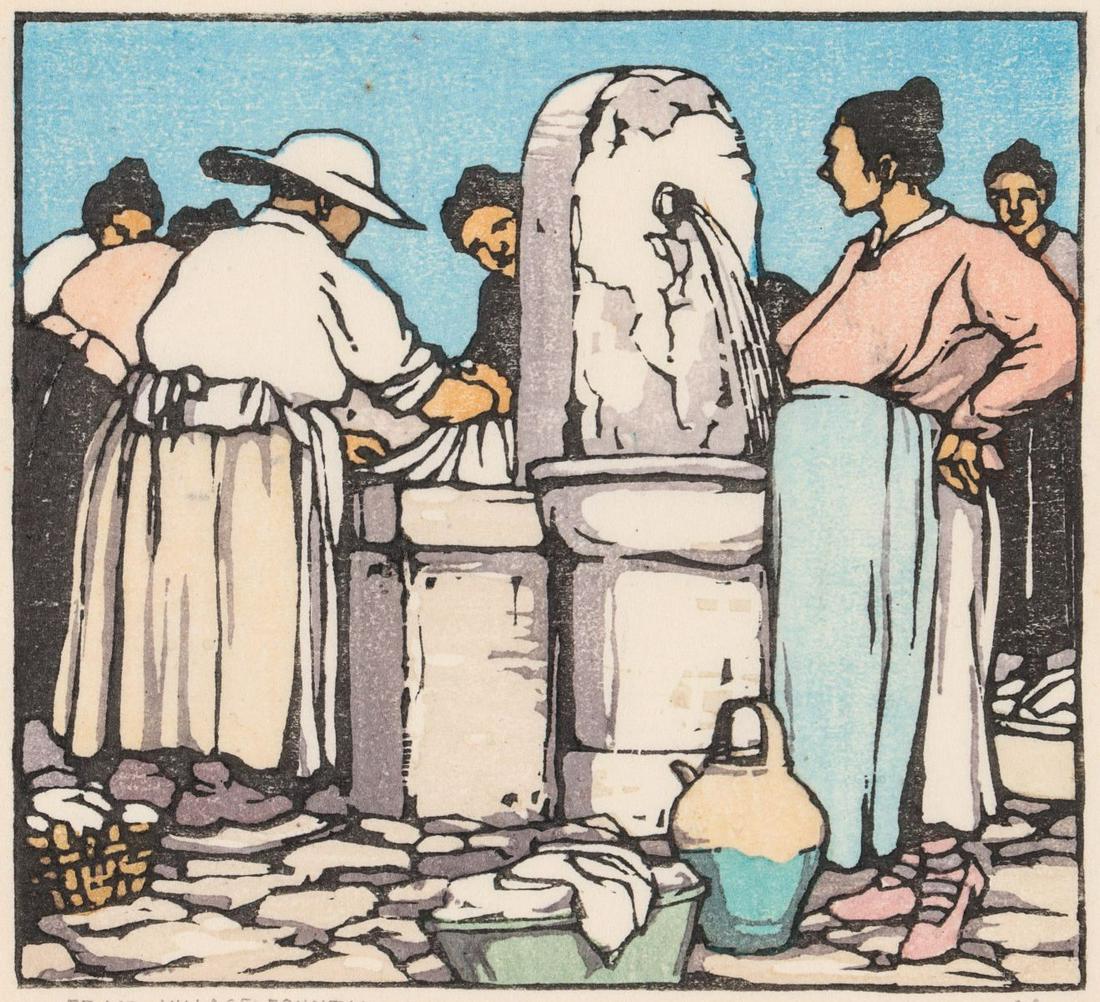 NORMA BASSETT HALL (1889-1957) SIGNED COLOR WOODBLOCK: Norma Bassett Hall (1889-1957) Village Fountain 1929 The color woodblock print signed by the artist in pencil below the image lower right, titled lower left, and numbered 37 from an edition of 40 prin