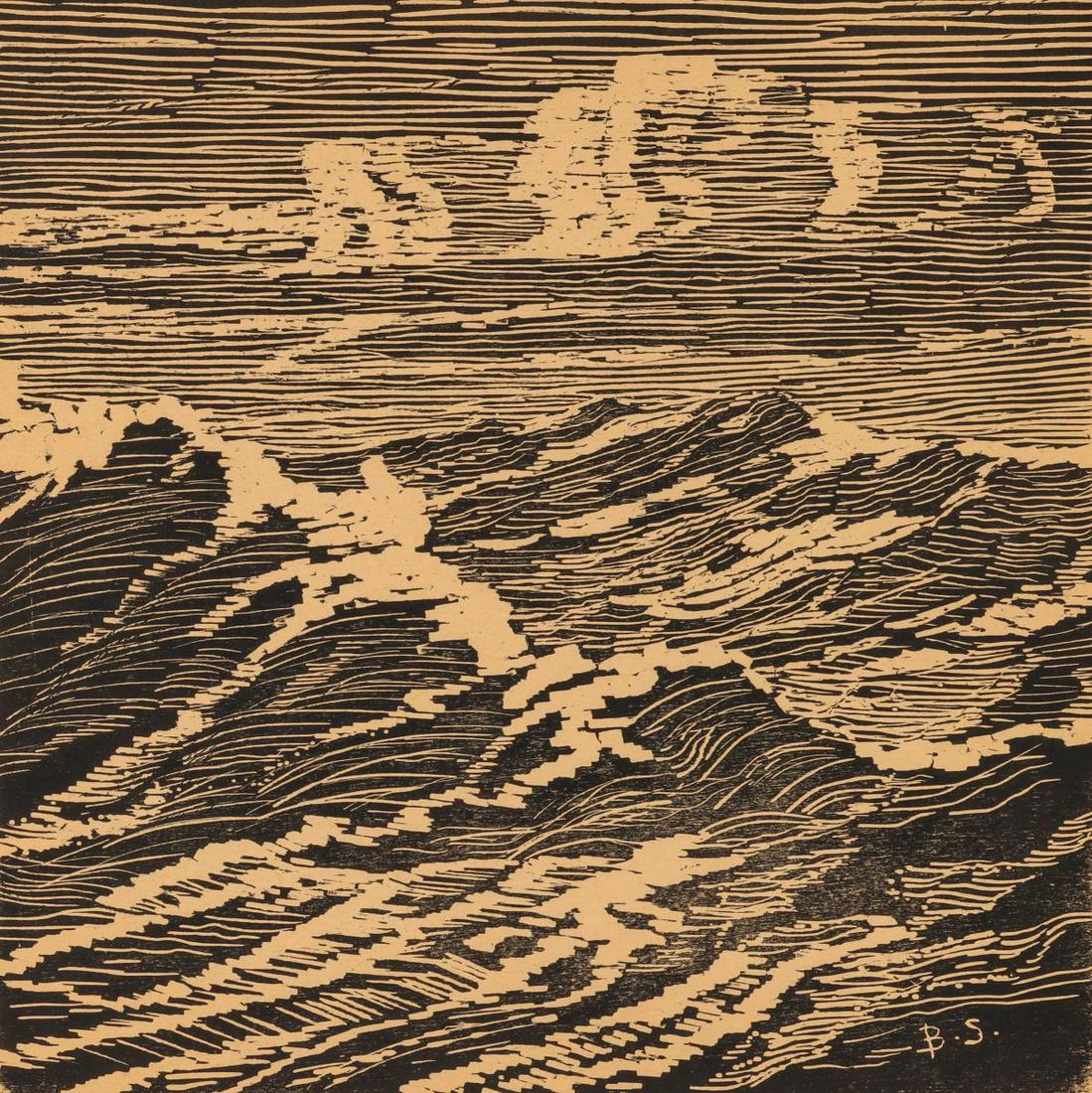 BIRGER SANDZEN (1871-1954) RARE EARLY BLOCK PRINT: Birger Sandzen (1871-1954) Rough Sea 1917 The woodcut block print depicting 'Rough Sea', likely a composition originating with the artist's home in Sweden. The print on unusual light brown paper signe