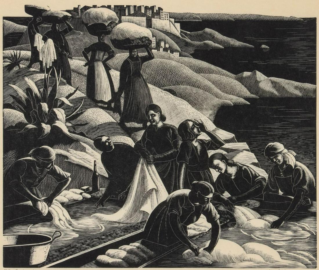 CLARE LEIGHTON (1898-1989) PENCIL SIGNED WOOD ENGRAVING: Clare Leighton (1898-1989) Corsican Washerwomen 1934 The wood engraving by this accomplished illustrator, and author is signed by the artist in pencil below the image lower right, titled lower left an