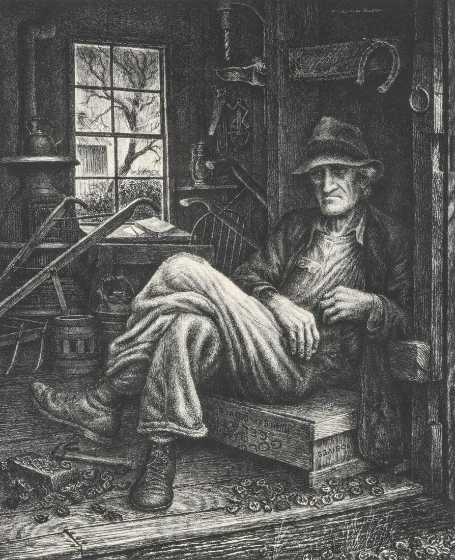 JACKSON LEE NESBITT (1913-2008) PENCIL SIGNED LITHO: Jackson Lee Nesbitt (1913 - 2008) Ozark Farmer 1988 The first composition printed by Nesbitt upon returning to art following a 29 year career in advertising, signed by the artist in pencil on the lowe