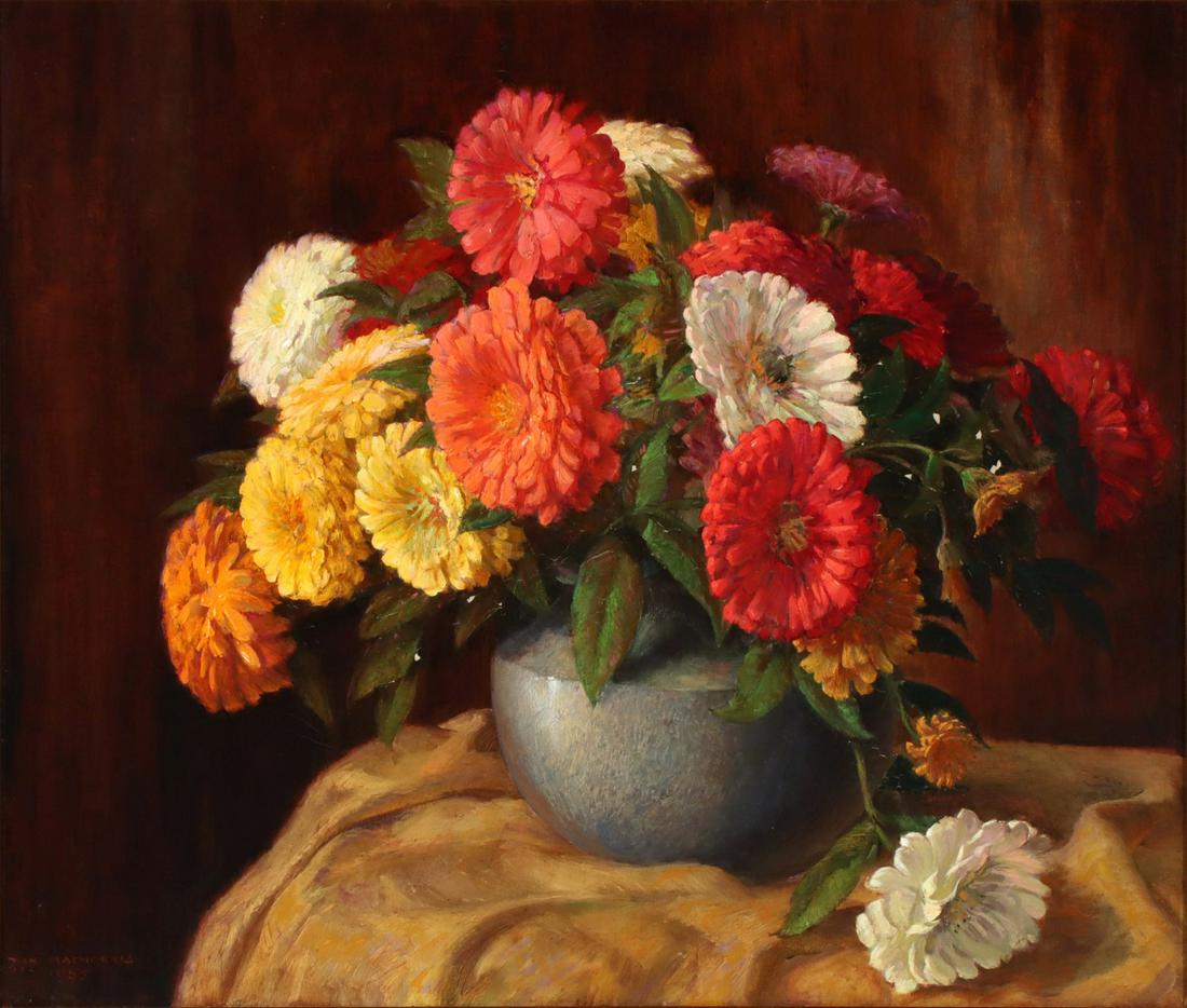 DANIEL MacMORRIS (1893-1981) OIL ON CANVAS: Daniel MacMorris (1893-1981) Still Life with Zinnias 1955 The still life with flowers in an art pottery vase signed lower left and dated 1955. Canvas measures 22.25 x 26.25 with an overall framed size