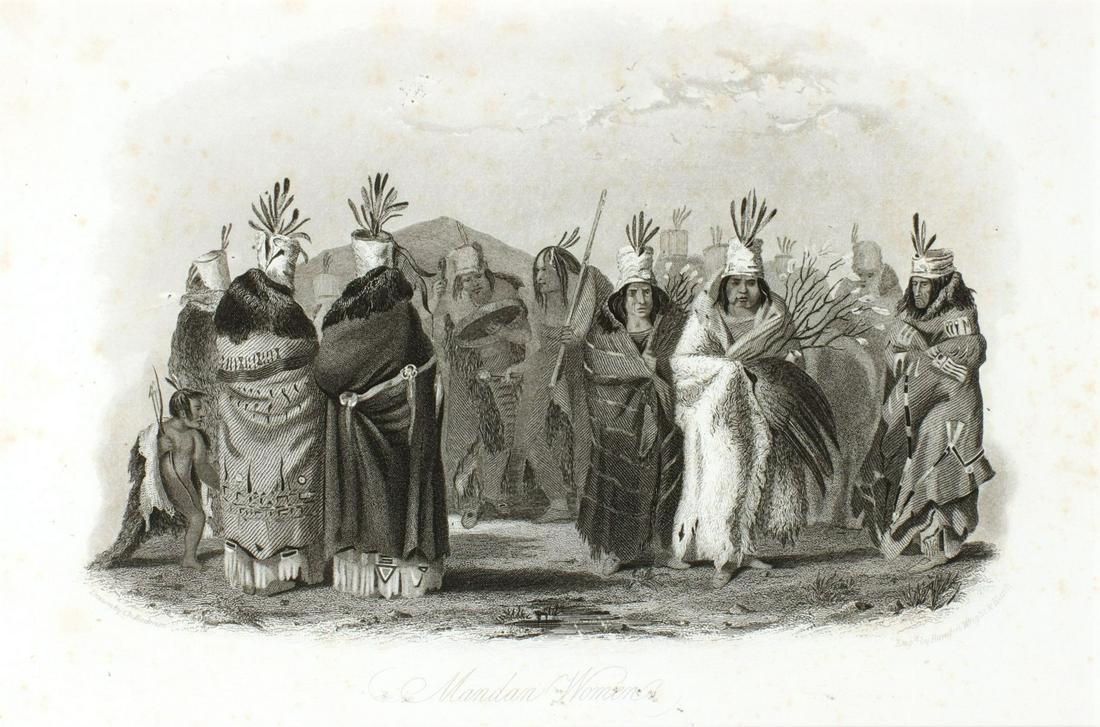TWO 19TH CENTURY ENGRAVINGS AFTER KARL BODMER: Circa 1832-1834 The two bookplates from the Maximilian, Prince of Wied's, Travels in the interior of North America atlas, 1832-1834, titles Mandan Women and Dance of the Mandan Indians, each is publis