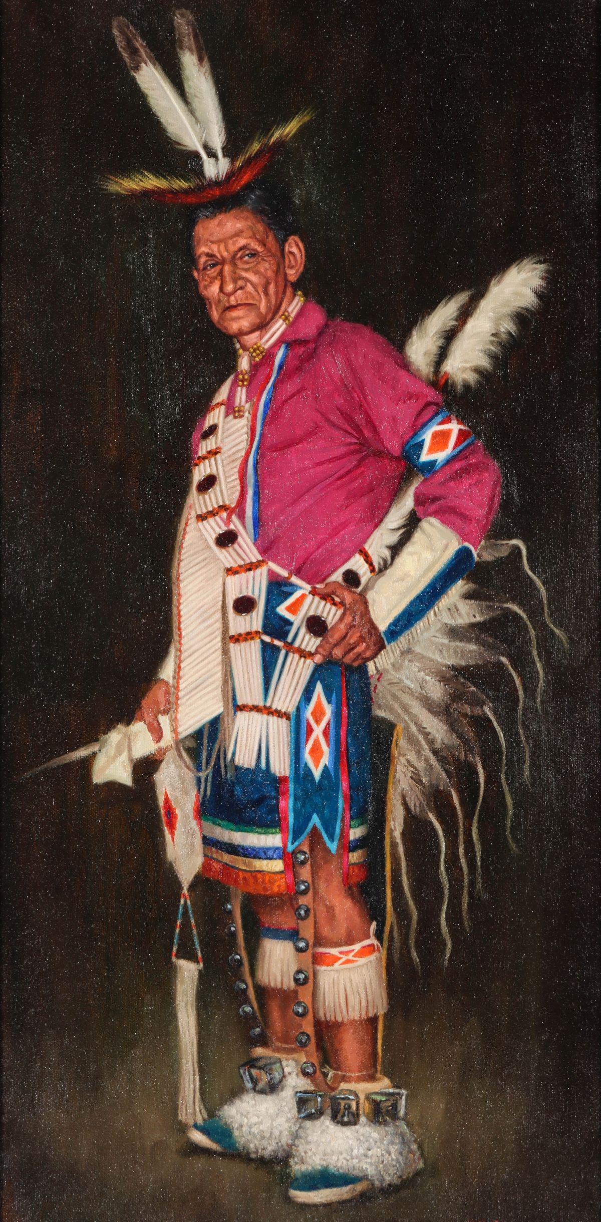 KENNETH FREEMAN (1935-2008) OIL ON ARTIST: Kenneth Freeman (1935-2008) Untitled Portrait of a Kiowa Dancer Late 20th Century. The full length portrait signed lower right front in red pigment. Sight size measures 23.5 x 11.5 with a framed size 