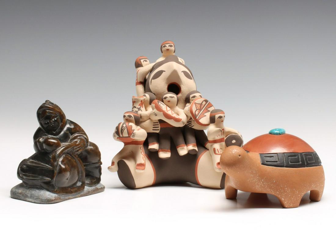 DORA TSE-PE SAN ILDEFONSO, JUDY TOYA, JIMMY ARNAMISSAK: Three examples of Native American arts and crafts:. 1. Jimmy Inaruli Arnamissak (1946-2003), Inuit carver also known as 'Jimmy Smith' carved sculpture. 2. Judy Toya Jemez storyteller figure. 3. San Il