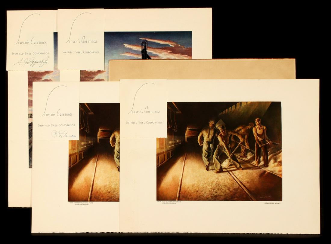AFTER JACKSON LEE NESBITT FOR SHEFFIELD STEEL CORP: Circa 1930s. Five offset lithographs after original works commissioned by Sheffield Steel Corporation, titles of Open Hearth Charging Floor and Sheffield Blast Furnace. Sheet sizes range from 7.75 x 1