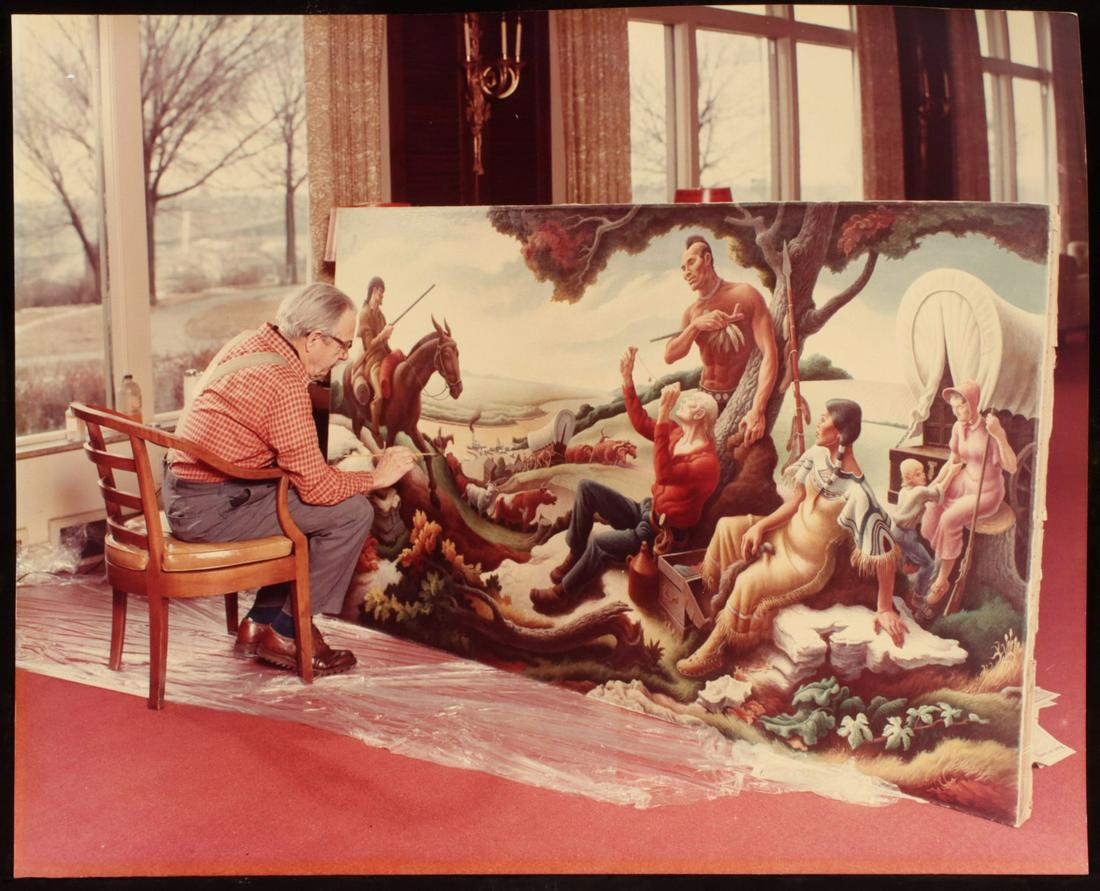 WARNER UNTERSEE (D. 1996) PHOTOGRAPH OF BENTON: Warner Untersee (D. 1996) Third quarter of the 20th century. The unframed photograph of Thomas Hart Benton with the mural Trading at Westport Landing, a commission for the River Club in downtown Kansa
