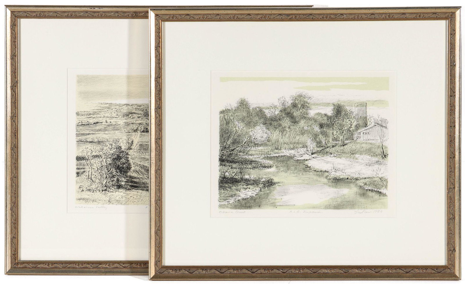 ROBERT SUDLOW (1920-2010) PENCIL SIGNED LITHOGRAPHS: Robert Sudlow (1920-2010) O'Hara Creek and Wakarusa Valley 1989 Titled lower left 'Wakarusa Valley' and 'O'Hara Creek,' both are signed lower right and dated 1989, inscribed 'A.L.G. Impression' lower 