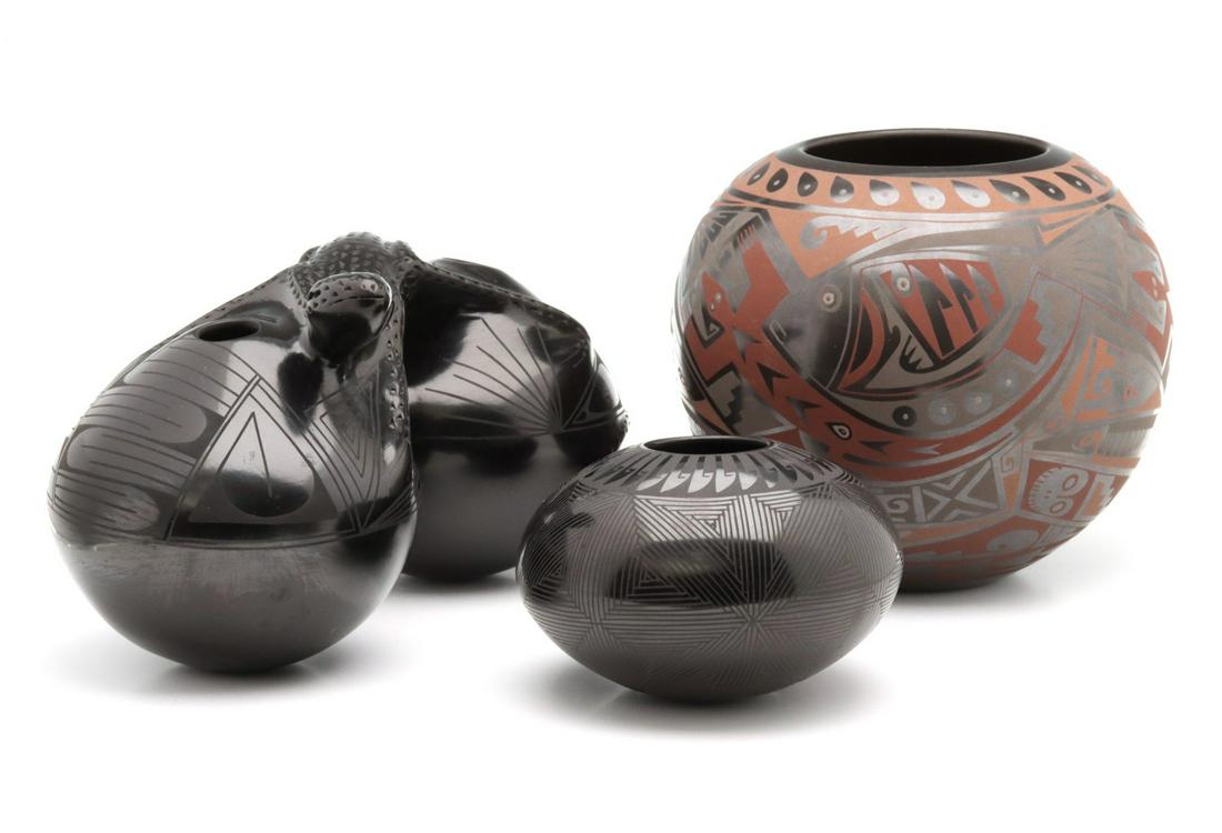 POLISHED MEXICAN POTTERY AND OTHER CERAMIC WORKS: Polished Mexican pottery pieces plus more as shown. The white biscuit piece has damage. Sizes range from 2.75 x 4 to 11 x 15 inches. We happily provide seamless in-house packing and shipping services 