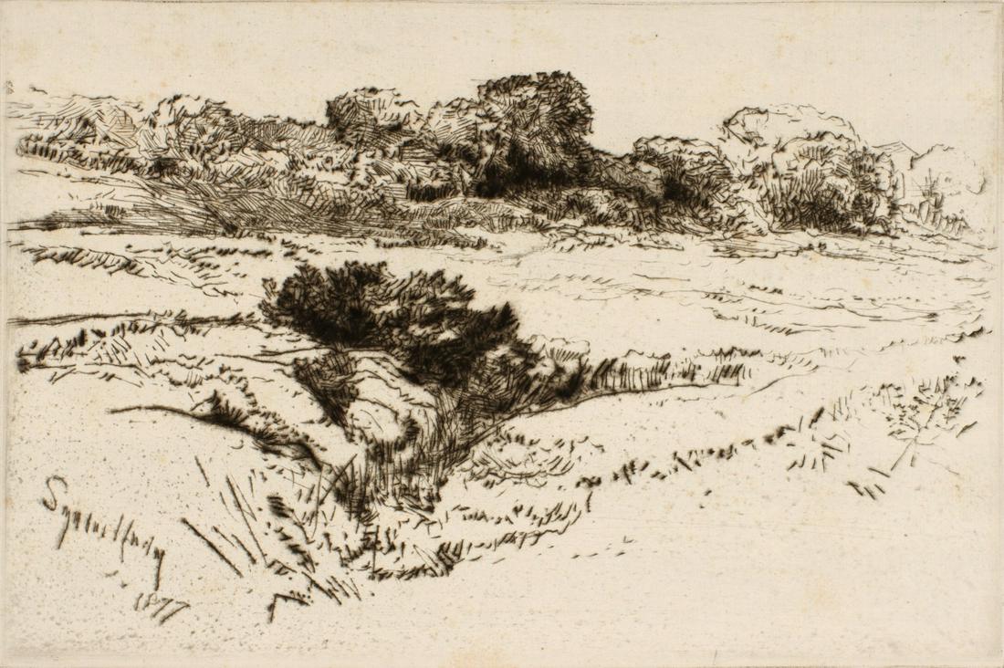 SEYMOUR HAYDEN ETCHING AND BERNE-BELLECOUR PRINT: The circa 1877 drypoint etching titled Windmill Hill, No. II signed by the artist in pencil below the image lower right, titled verso, signed in the plate lower left and dated 1877, noted in the lower