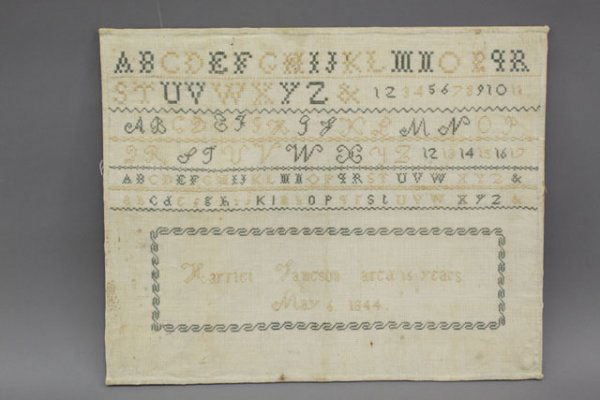 1844 DATED MAINE SAMPLER: Signed by 15 year old Harriet Jameson of Maine, measure 13.25 x 16.5 inches.