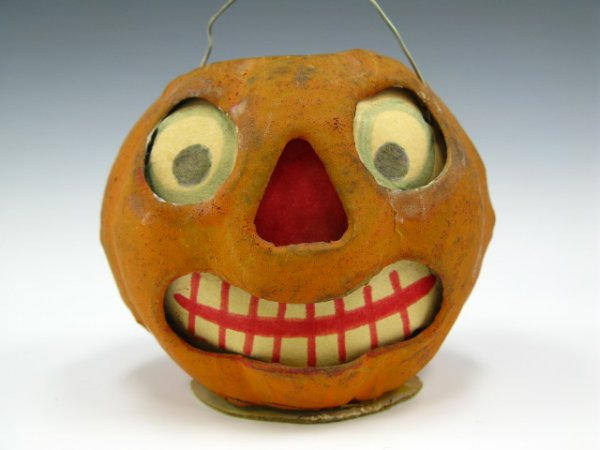 VINTAGE CARDBOARD HALLOWEEN JACK-O-LANTERN: Paper insert present, measures approximately 2.75 x 3.5 inches.