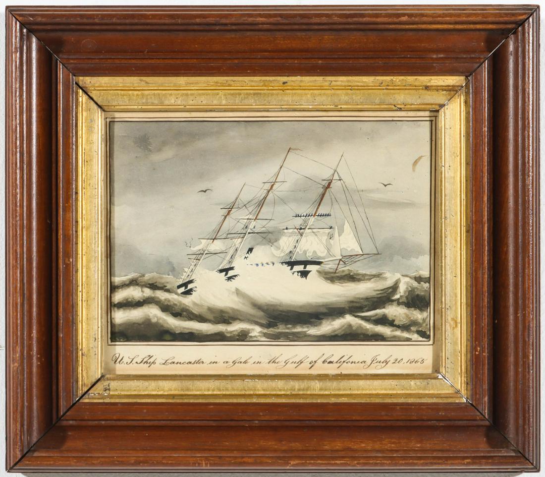A FOLK ART WATERCOLOR OF USS LANCASTER IN A GALE 1865: The fine 19th century original watercolor on paper titled 'U.S. Ship Lancaster in a gale in the Gulf of California July 20, 1865' and displayed in a period frame of deep walnut molding with gold liner