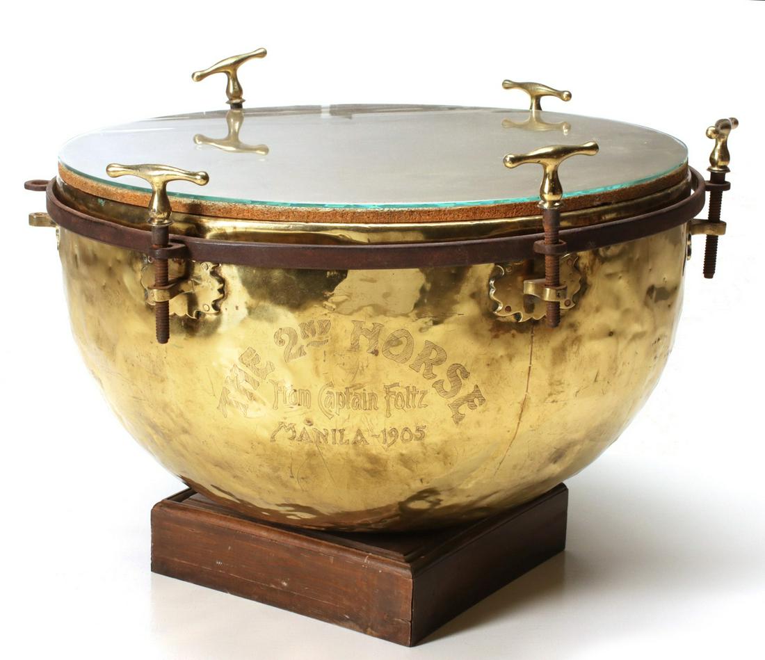 A FRENCH BRASS DRUM INSCRIBED CAPT FOLTZ MANILA 1905 (1 of 18)