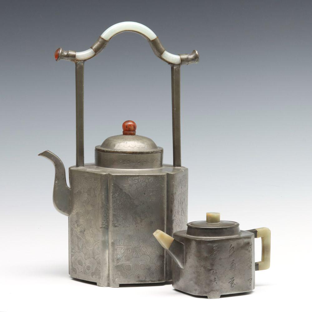 ENGRAVED 19TH C. CHINESE PEWTER TEAPOTS WITH JADE (1 of 17)