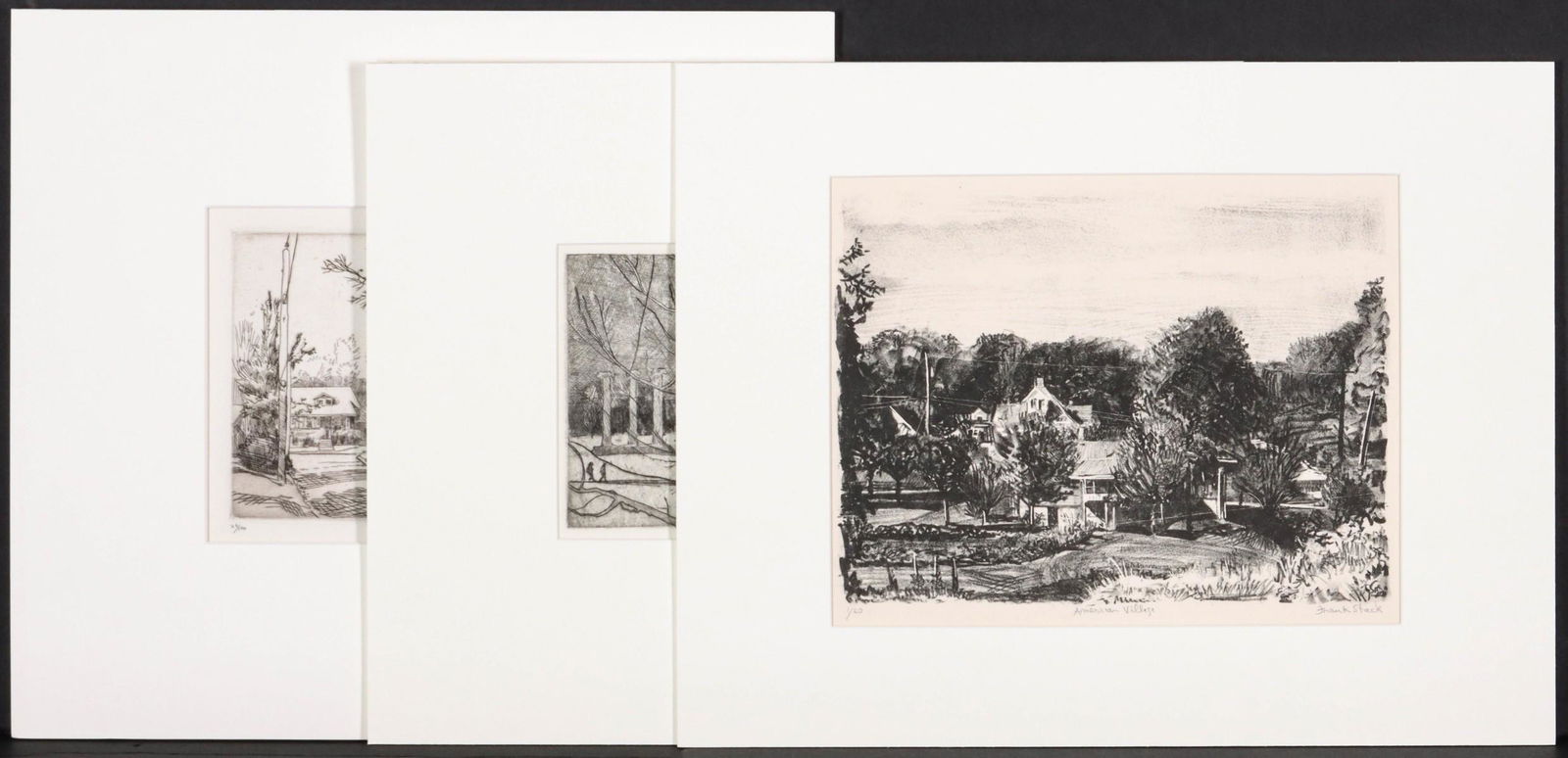 FRANK STACK (MISSOURI B. 1937) PENCIL SIGNED PRINTS (3): Two etchings and one lithograph, each is pencil signed, some are titled and numbered as shown. Snow image measures 6 x 7.75 with a sheet of 9 x 11.25, West Walnut Street image is 5.5 x 9.75 with a she