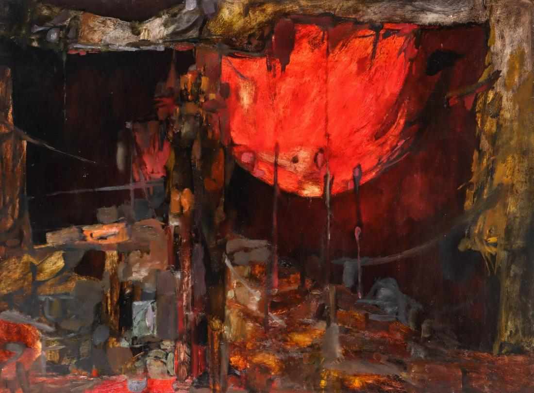 ARTHUR KRAFT (1922-1977) ACRYLIC ON BOARD: Arthur M. Kraft (1922-1977) Untitled Netherworldish View Third quarter of the 20th century. The acrylic on Masonite by Kansas City's most fascinating artist of the late 20th century, perhaps of all ti