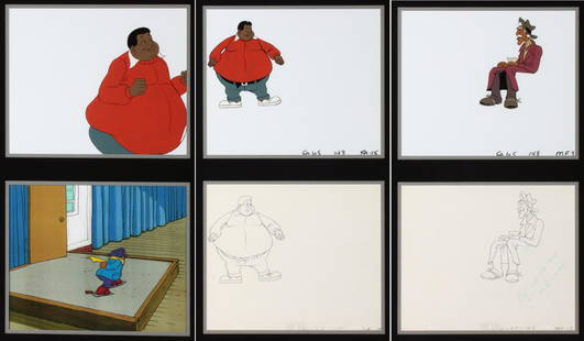 A COLLECTION OF ORIGINAL FAT ALBERT ANIMATION ART CELS: Circa 1980 Color cartoon production cels featuring Fat Albert, Russell and Mudfoot. Fat Albert and the Cosby Kids won an Emmy nomination in 1974. Marked FA 65-148 FA-15 on the lower edges. Mudfoot mar