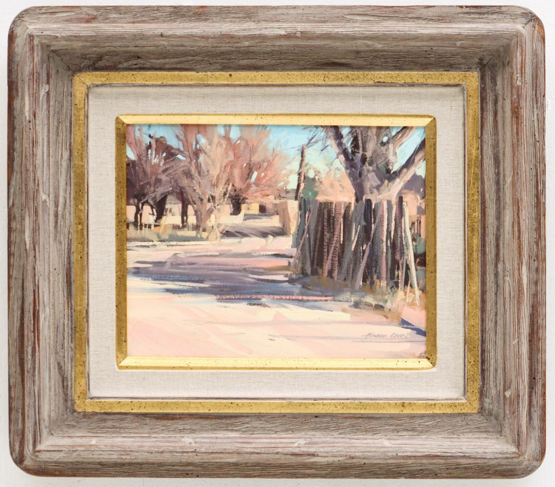 HOWARD CARR (BORN 1947) SANTA FE OIL ON CANVAS: Howard Carr (Born 1947) Santa Fe Light Signed lower right, titled verso on the stretcher. Canvas measures 11 x 14 with a framed size of 21.25 x 24.25 inches. We happily provide seamless in-house packi