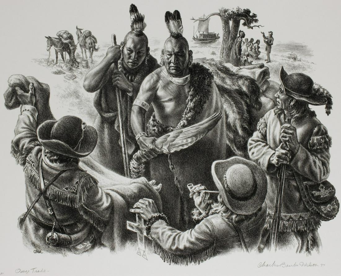 CHARLES BANKS WILSON (1918-2013) PENCIL SIGNED LITHO: Charles Banks Wilson (1918-2013) Osage Traders 1977 The lithograph signed by the artist in pencil below the image lower right, titled lower left, from an edition of 250 prints. Sheet measures 17.5 x 2