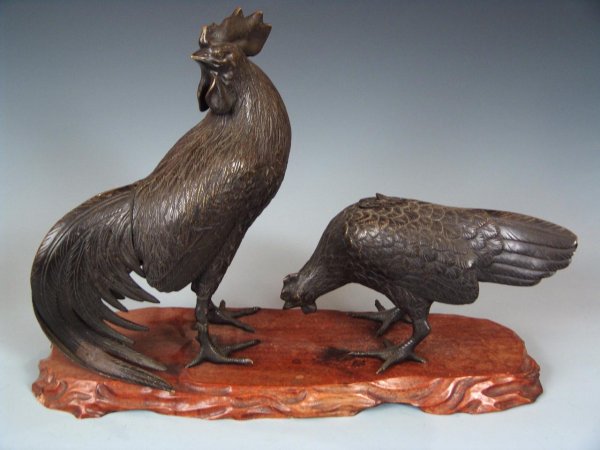 CHINESE BRONZE FIGURES OF HEN AND ROOSTER