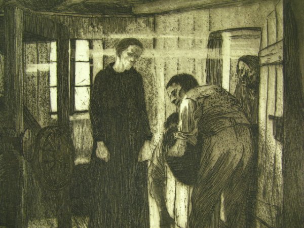 KATHE KOLLWITZ ETCHING "THE END": Kathe Kollwitz (German, 1867-1945), 9.5 x 11.75 inch image field, 15.5 x 17.5 inch sheet size, blind stamped to lower right corner by Munich printer.