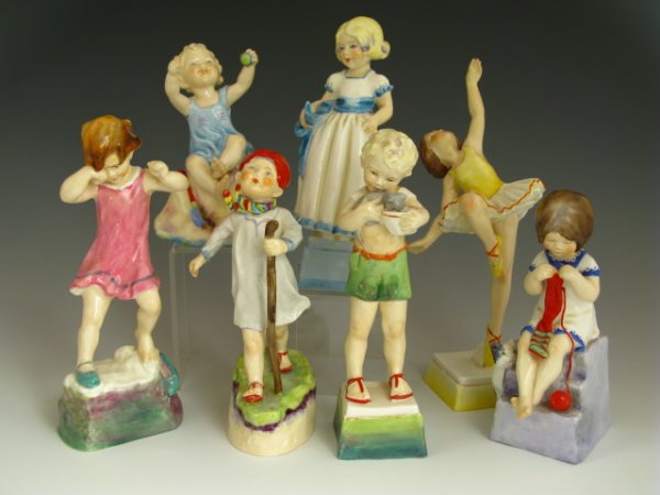ROYAL DOULTON WEEK DAY CHILD FIGURES: Includes 3257 'Monday's child is fair of face,' Tuesday 3238 Tuesday's child is full of grace, 3259 'Wednesday's child is full of woe,' 3260 'Thursday's child has far to go,' 3261 'Friday's child is l